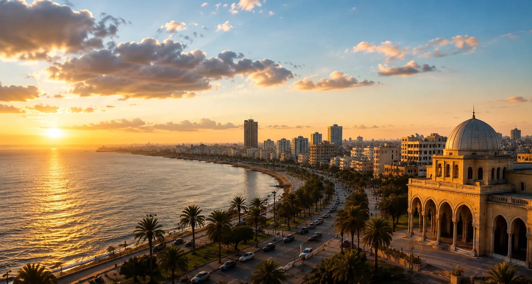 ممشى الكورنيش في بنغازي عند غروب الشمس، بمحاذاة البحر ومبانيها التاريخية